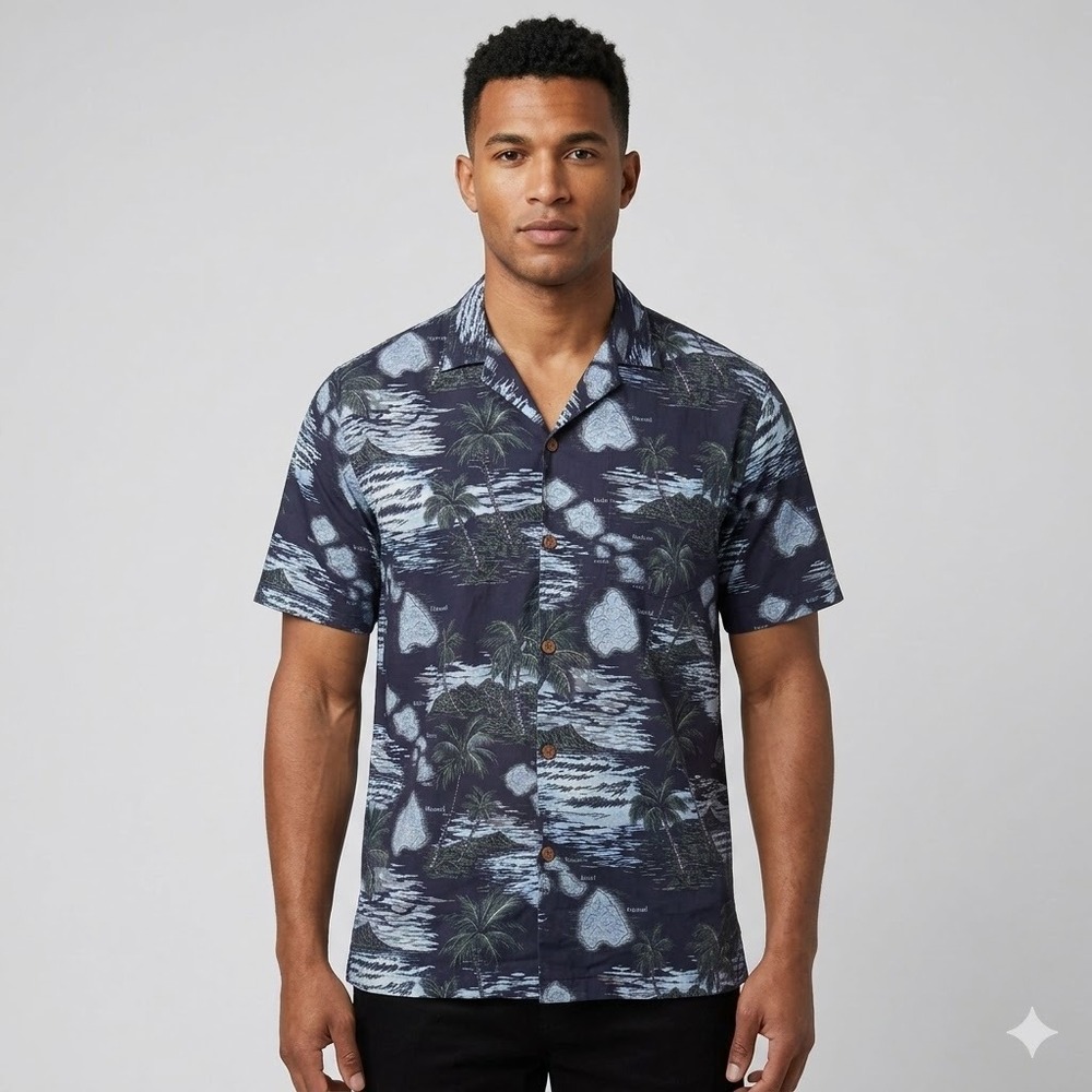 Favant Hawaiian Shirt Mens XXXL Navy‎ Map Print Palm Tree Cotton Aloha